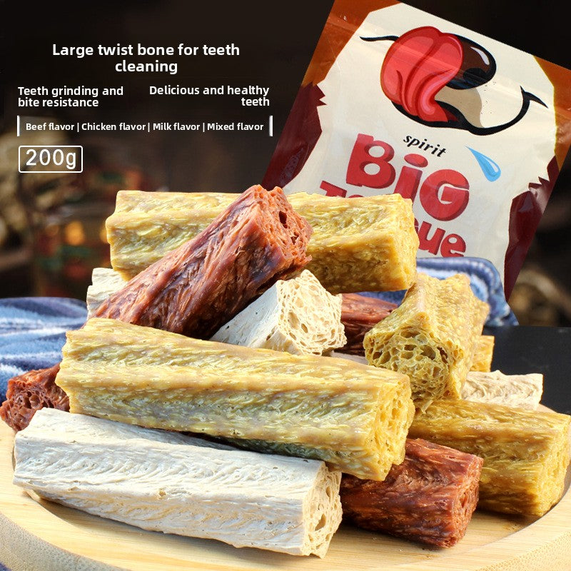 Dog chew treats with a 'spirit Big Bone' packaging in the background