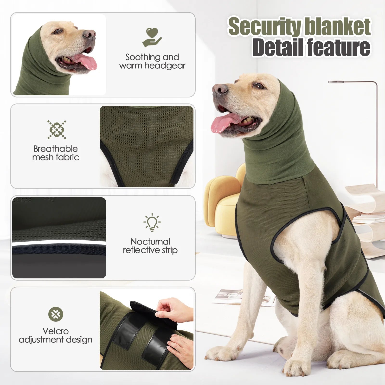 Dog wearing a green security blanket with features highlighted on a white background