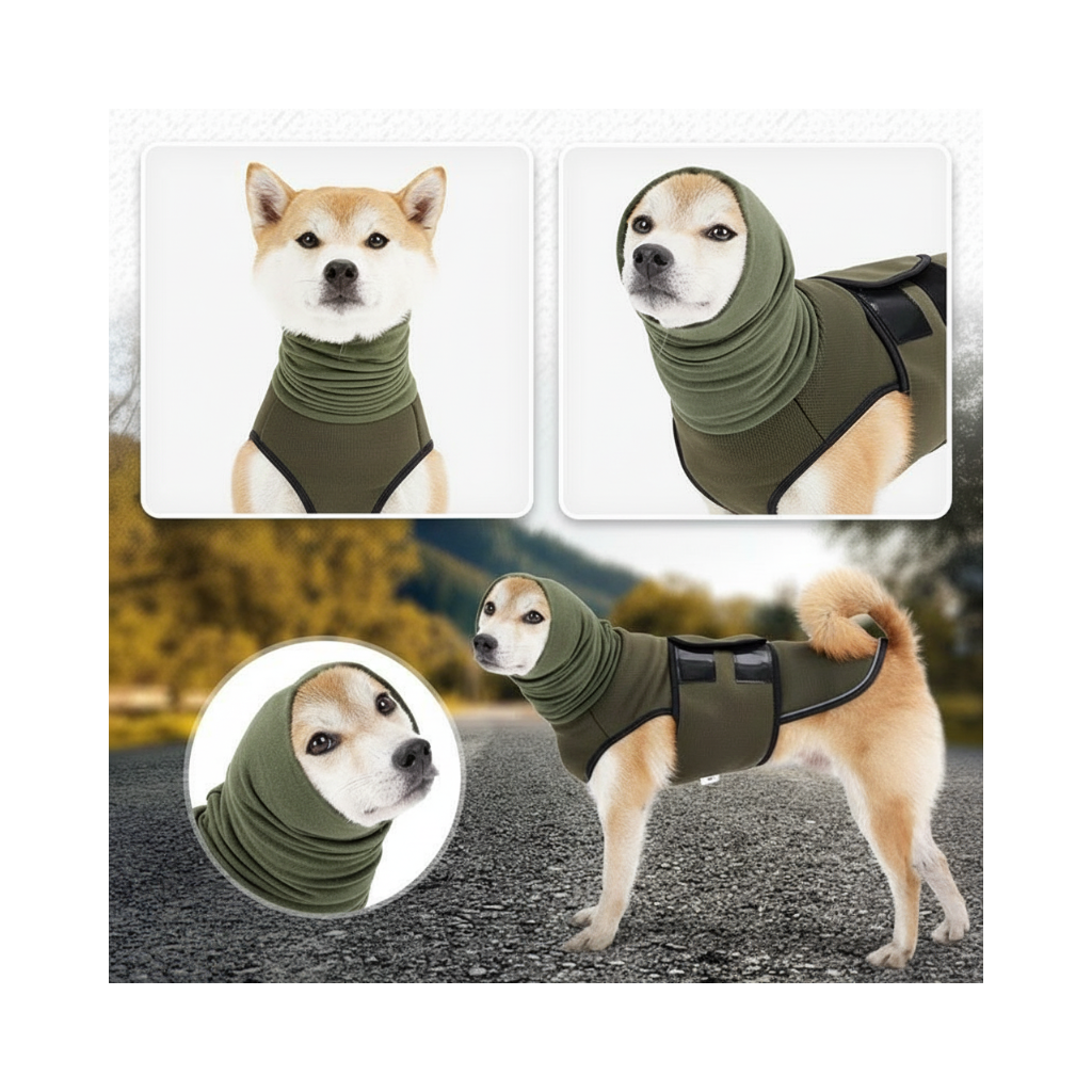 Dog wearing a green winter coat with a hood in various poses outdoors.
