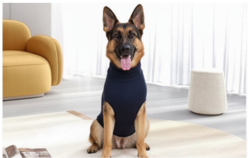 Two images of dogs wearing navy blue coats; top image in a living room, bottom image on a road.