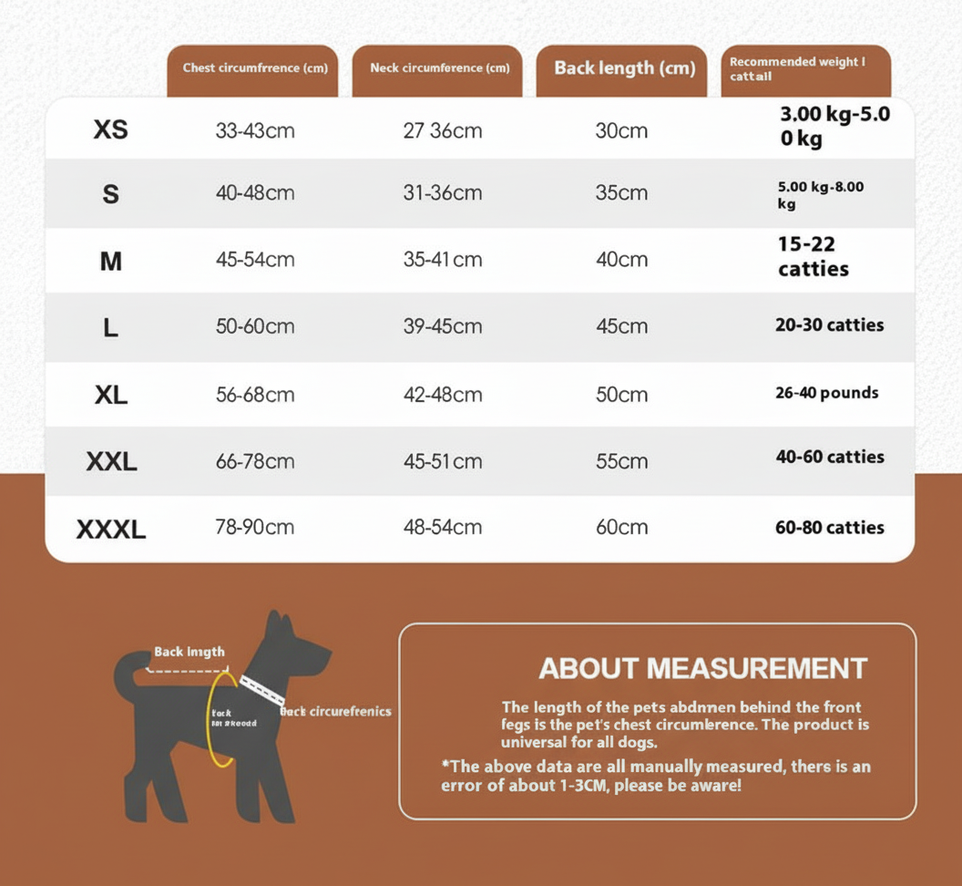 Dog measurement chart with size guide and dimensions for chest, neck, and back length.